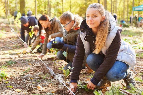 Eine Gruppe Jugendlicher und Kinder pflanzen Bäume im Wald